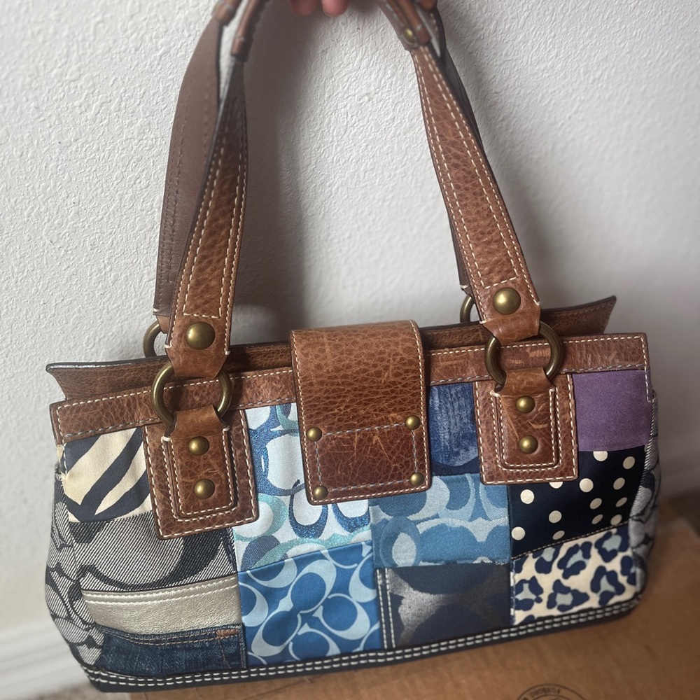 Vintage Coach Patchwork Leather-Trim Satchel Handbag Brown and Blue - Picture 3 of 6